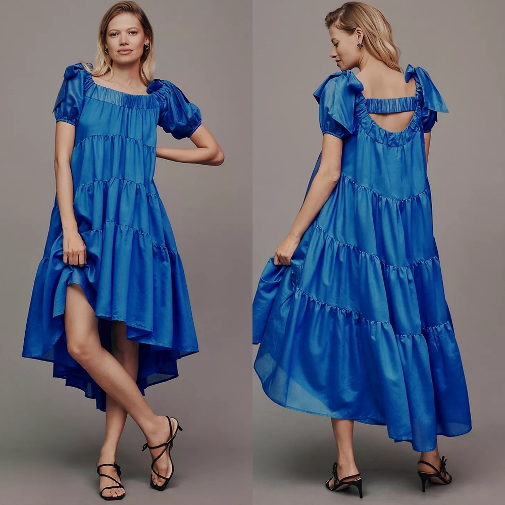 By Anthropologie Off-The-Shoulder Tiered High-Low Midi Dress